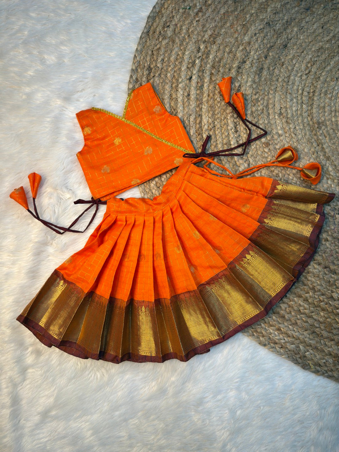 Orange & Brown Banarasi Semi Katan Pattu Set | CPM_0580