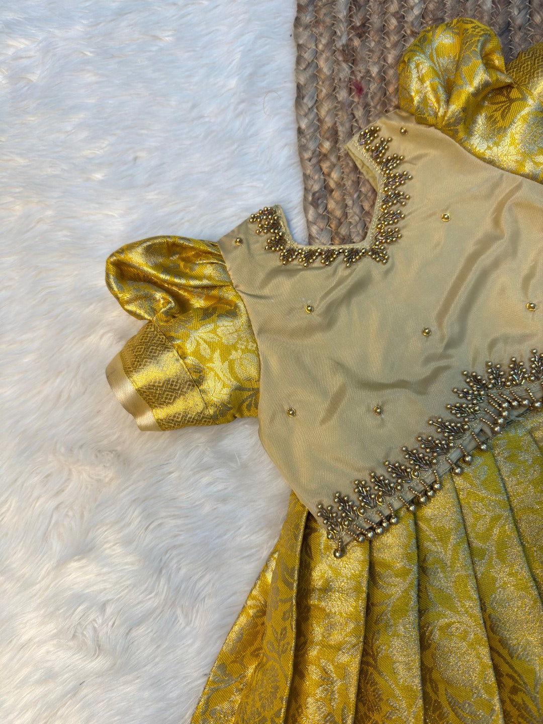 Thangam | Golden Semi Kanchi Tissue Silk Aari Work Pattu Pavadai | CPM_0581
