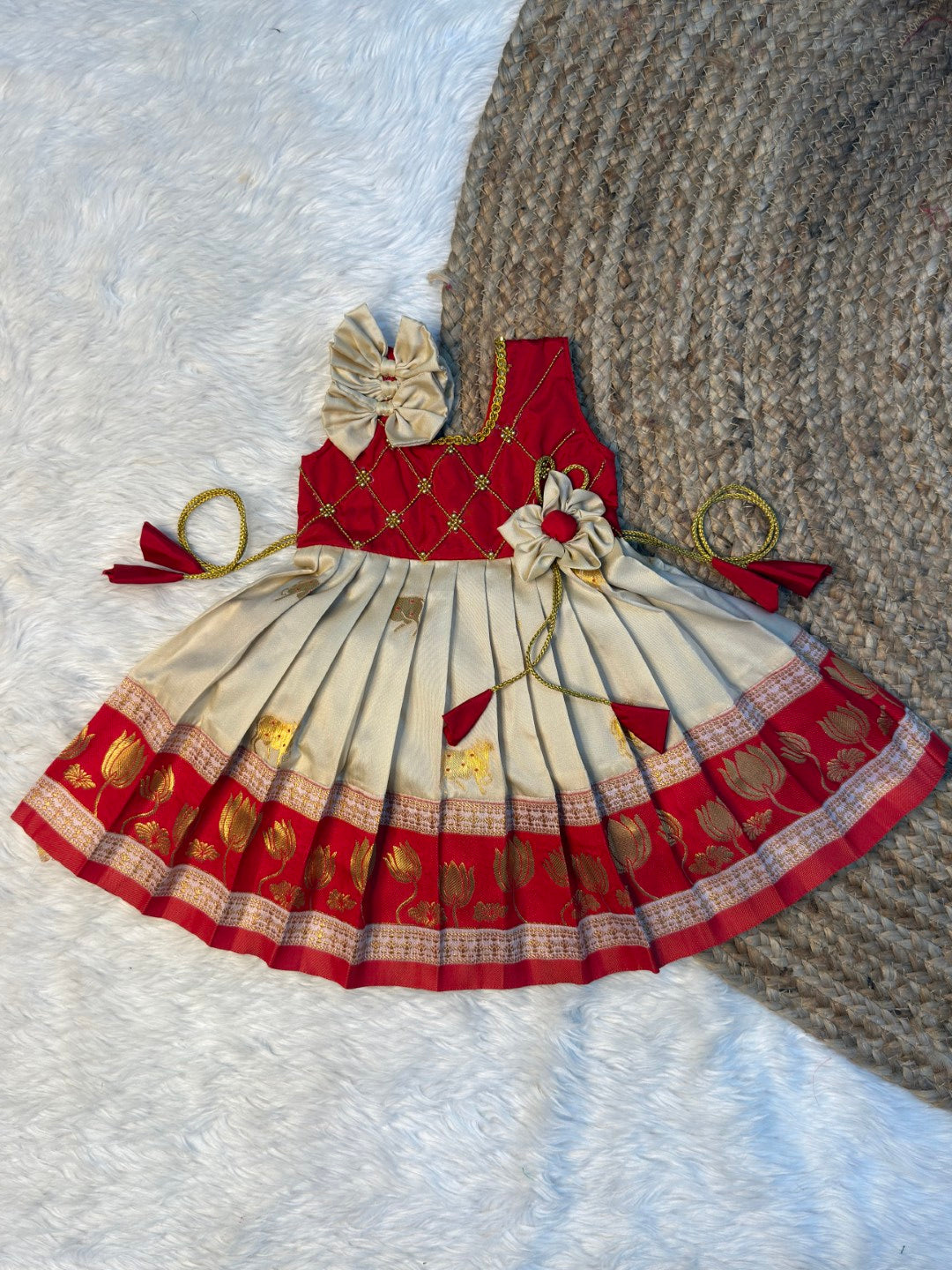Mithra - Cream & Red Paithani Soft Silk Pattu Frock | CPM_0582