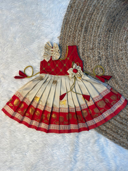 Mithra - Cream & Red Paithani Soft Silk Pattu Frock | CPM_0582