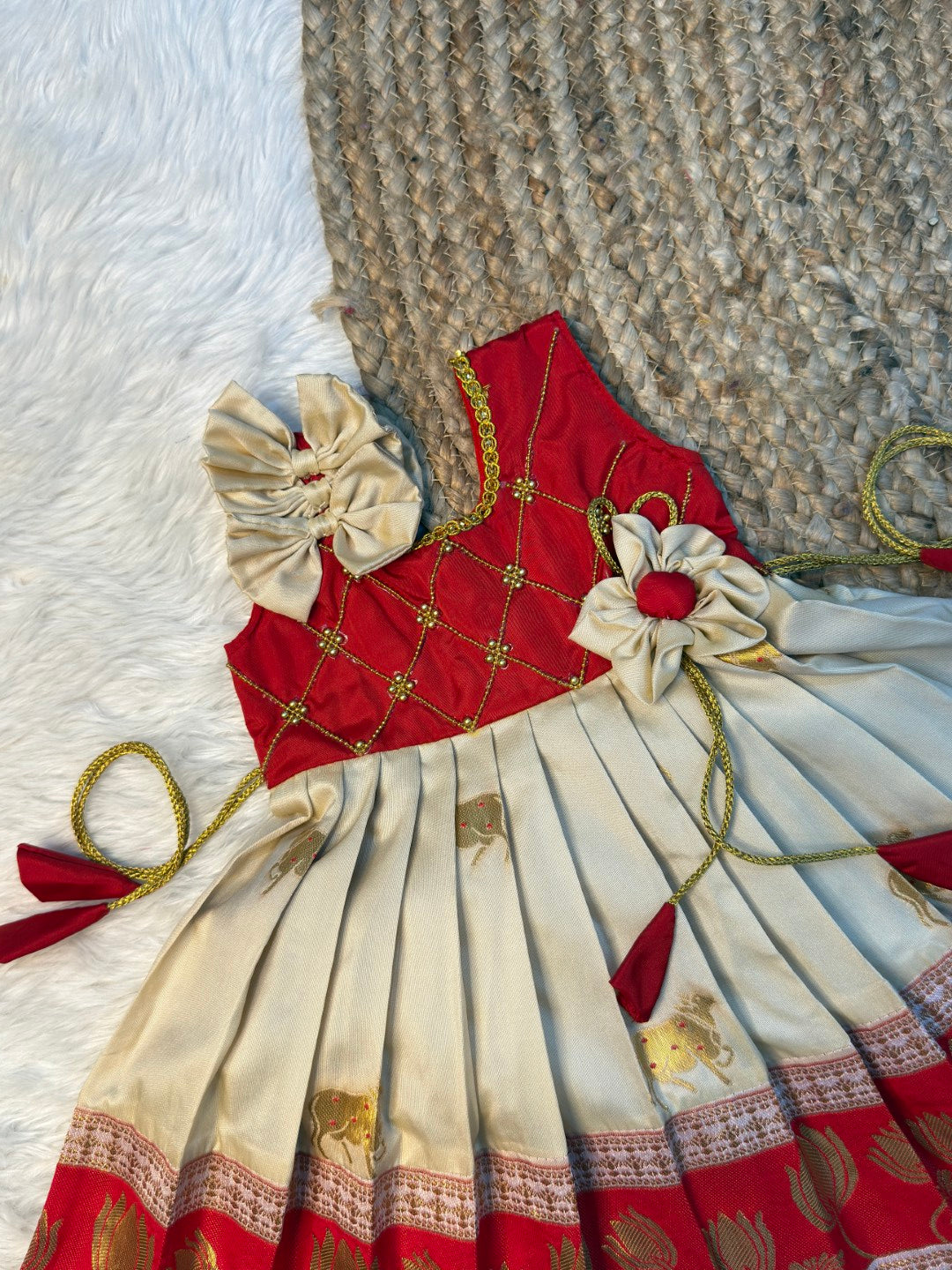 Mithra - Cream & Red Paithani Soft Silk Pattu Frock | CPM_0582