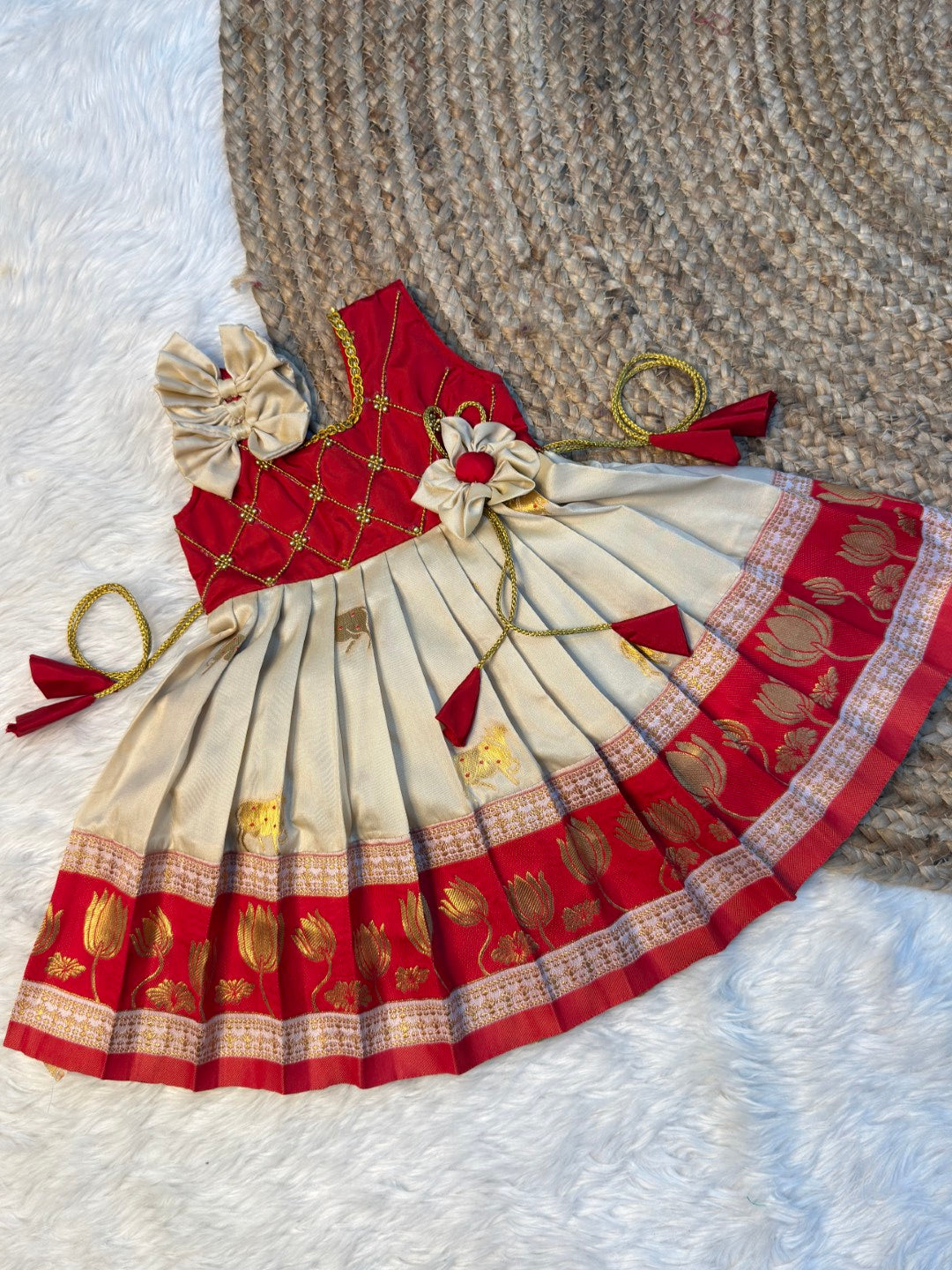 Mithra - Cream & Red Paithani Soft Silk Pattu Frock | CPM_0582