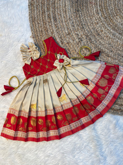 Mithra - Cream & Red Paithani Soft Silk Pattu Frock | CPM_0582