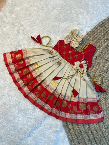 Mithra - Cream & Red Paithani Soft Silk Pattu Frock | CPM_0582