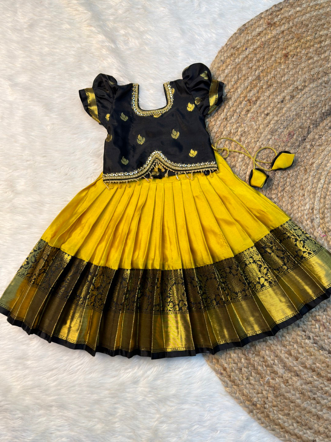 Kayal | Yellow & Black Banarasi Semi Katan Soft Silk Pattu Pavadai | CPM_0584