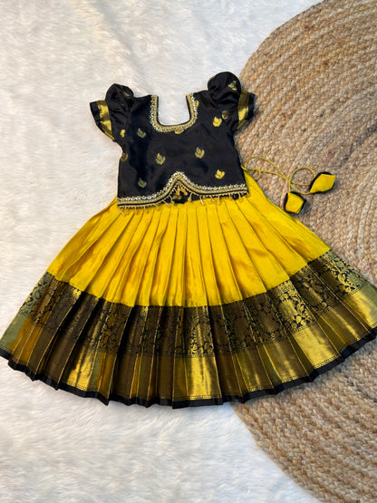 Kayal | Yellow & Black Banarasi Semi Katan Soft Silk Pattu Pavadai | CPM_0584
