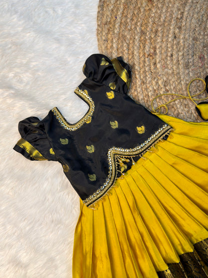 Kayal | Yellow & Black Banarasi Semi Katan Soft Silk Pattu Pavadai | CPM_0584