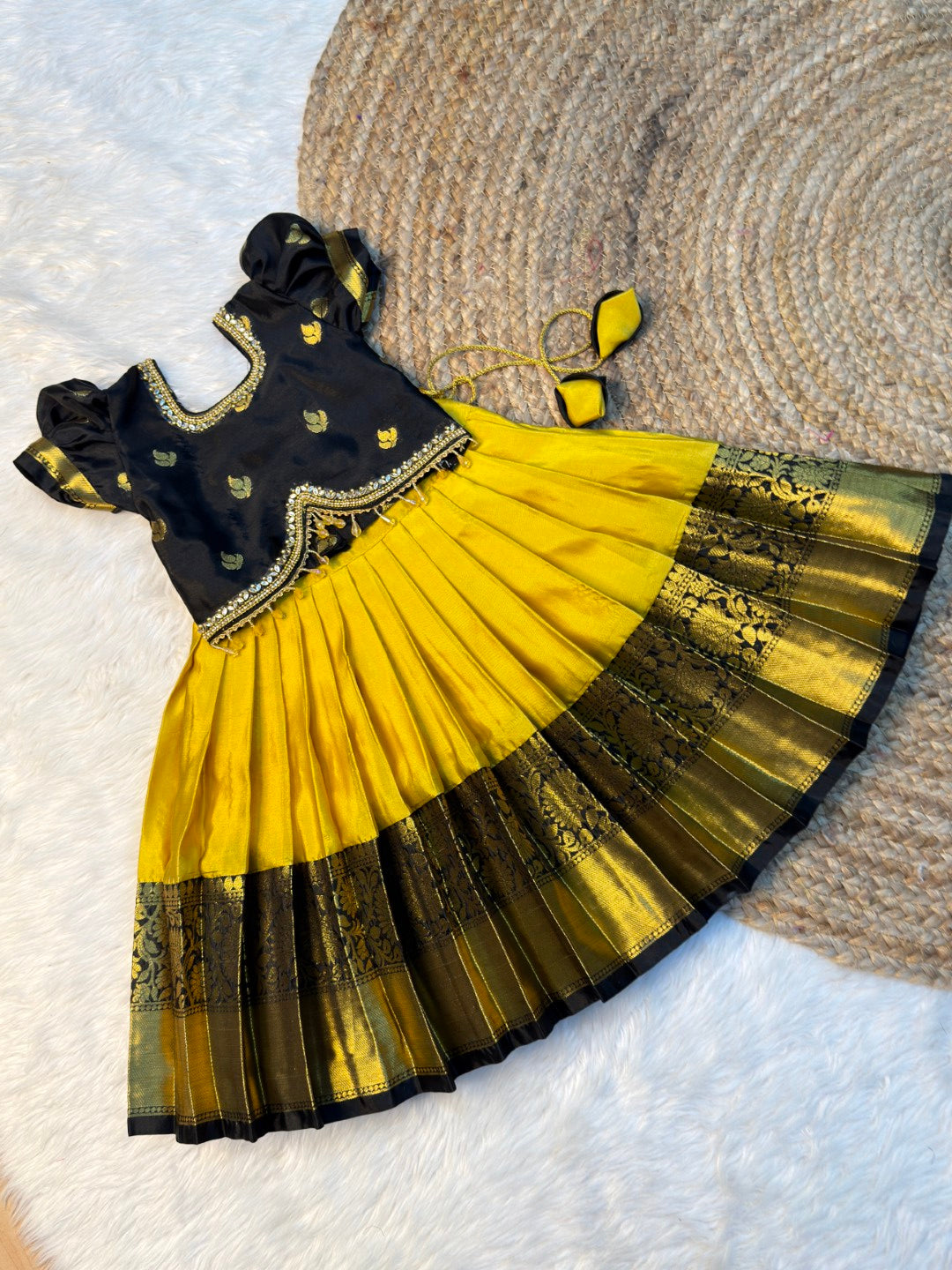 Kayal | Yellow & Black Banarasi Semi Katan Soft Silk Pattu Pavadai | CPM_0584