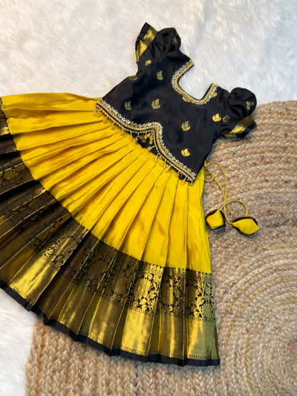 Kayal | Yellow & Black Banarasi Semi Katan Soft Silk Pattu Pavadai | CPM_0584