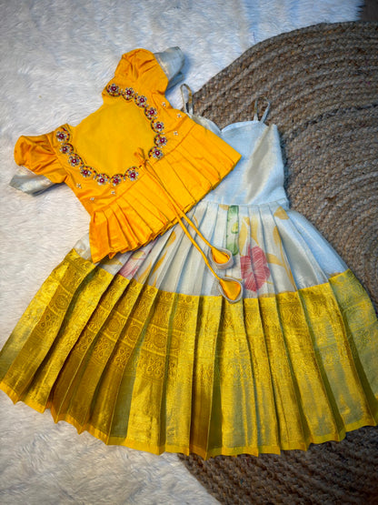 Thamana | Yellow & Off White Tissue Silk Aari Work Overcoat Set | CPM_0585