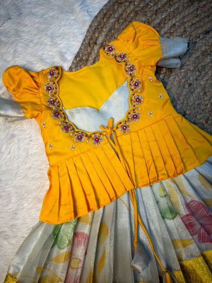 Thamana | Yellow & Off White Tissue Silk Aari Work Overcoat Set | CPM_0585