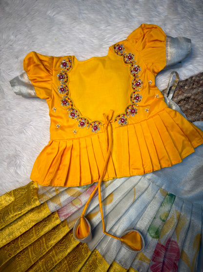 Thamana | Yellow & Off White Tissue Silk Aari Work Overcoat Set | CPM_0585