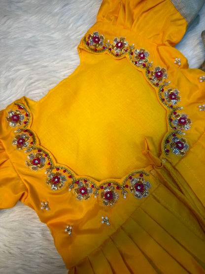 Thamana | Yellow & Off White Tissue Silk Aari Work Overcoat Set | CPM_0585