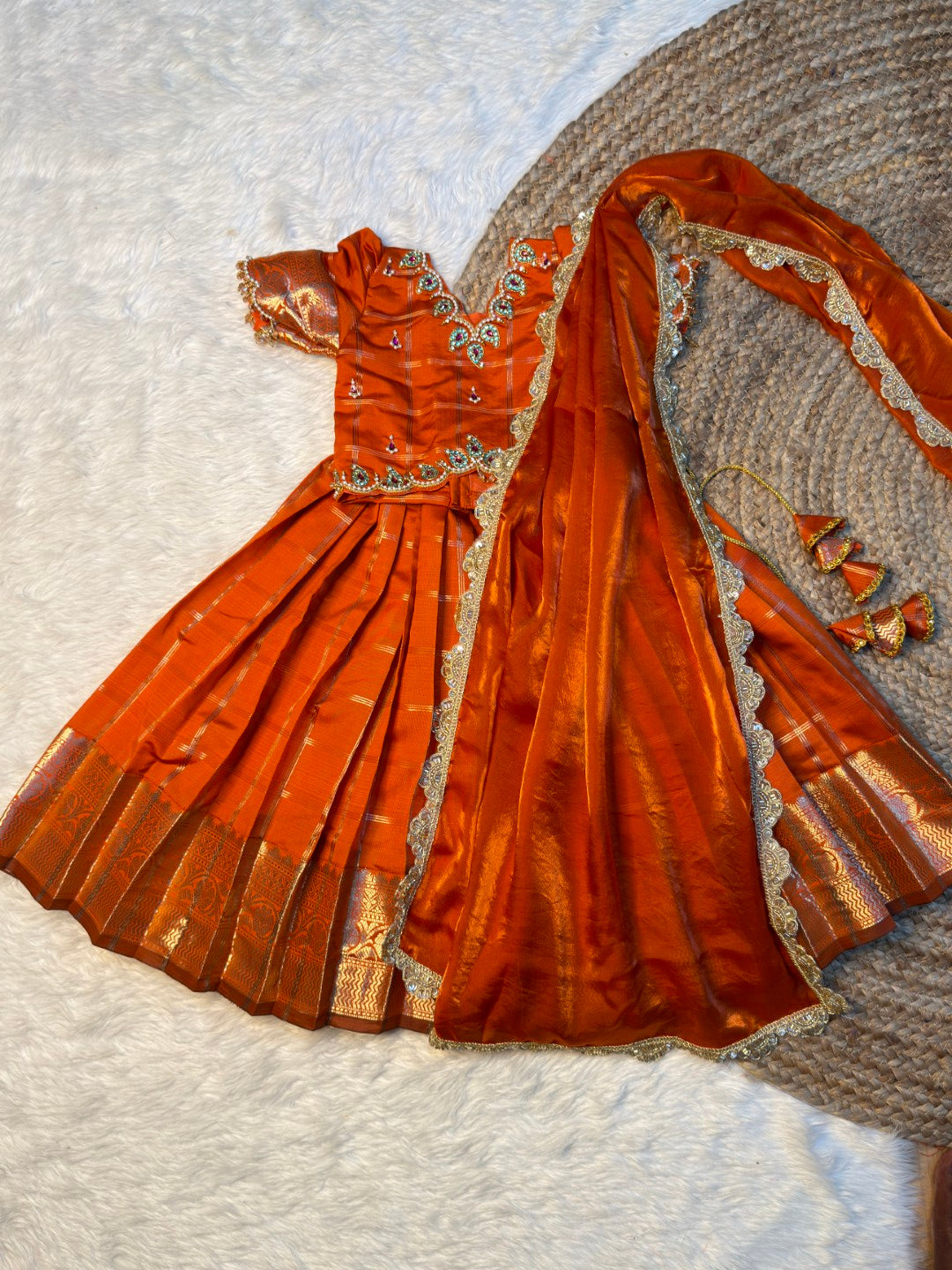 Rithu | Rusty Orange Space Silk Aari Work Half Saree Set | CPM_0587