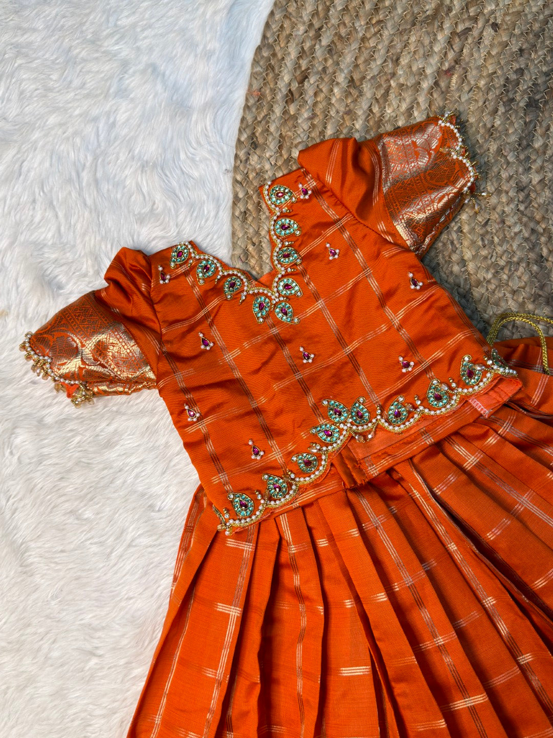 Rithu | Rusty Orange Space Silk Aari Work Half Saree Set | CPM_0587