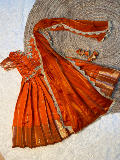 Rithu | Rusty Orange Space Silk Aari Work Half Saree Set | CPM_0587