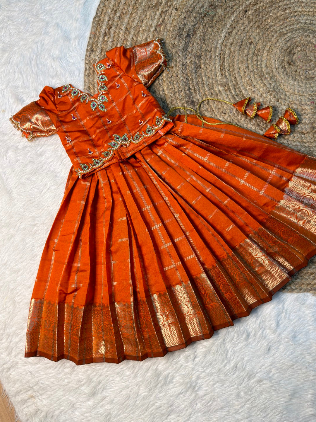 Rithu | Rusty Orange Space Silk Aari Work Half Saree Set | CPM_0587
