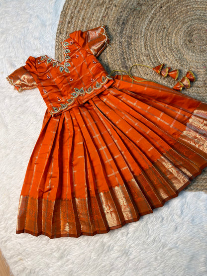 Rithu | Rusty Orange Space Silk Aari Work Half Saree Set | CPM_0587