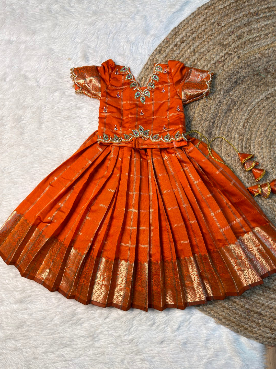 Rithu | Rusty Orange Space Silk Aari Work Half Saree Set | CPM_0587