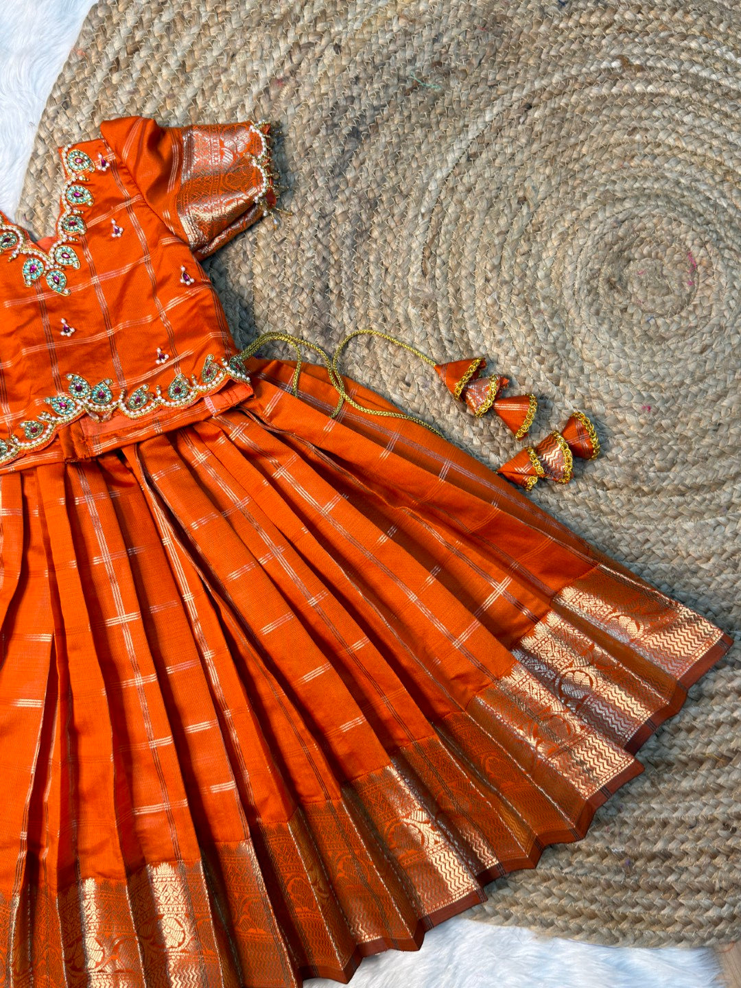 Rithu | Rusty Orange Space Silk Aari Work Half Saree Set | CPM_0587