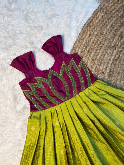 Green & Purple Checked Semi Katan Silk Lotus Aari Work Gown | CPM_0588