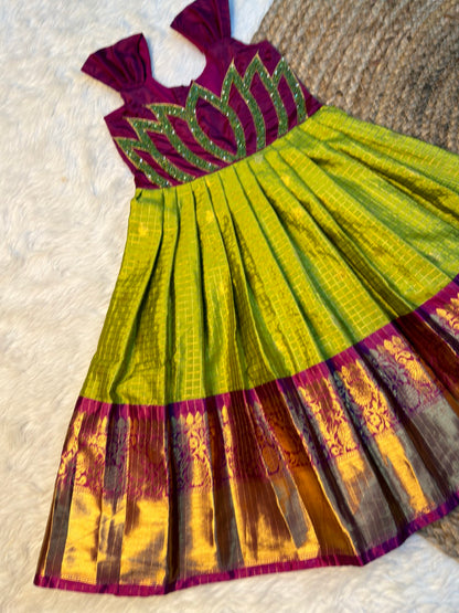 Green & Purple Checked Semi Katan Silk Lotus Aari Work Gown | CPM_0588