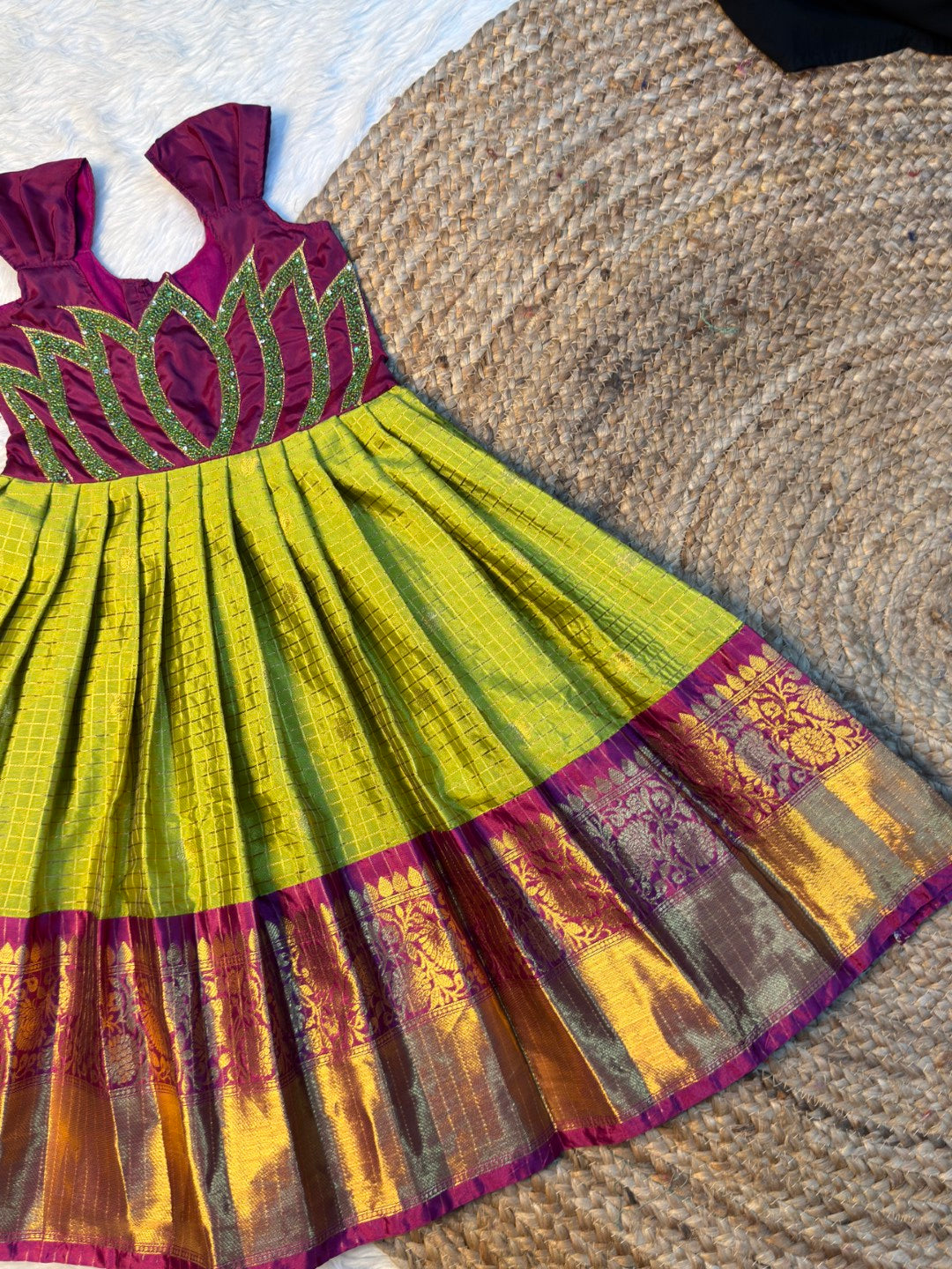 Green & Purple Checked Semi Katan Silk Lotus Aari Work Gown | CPM_0588