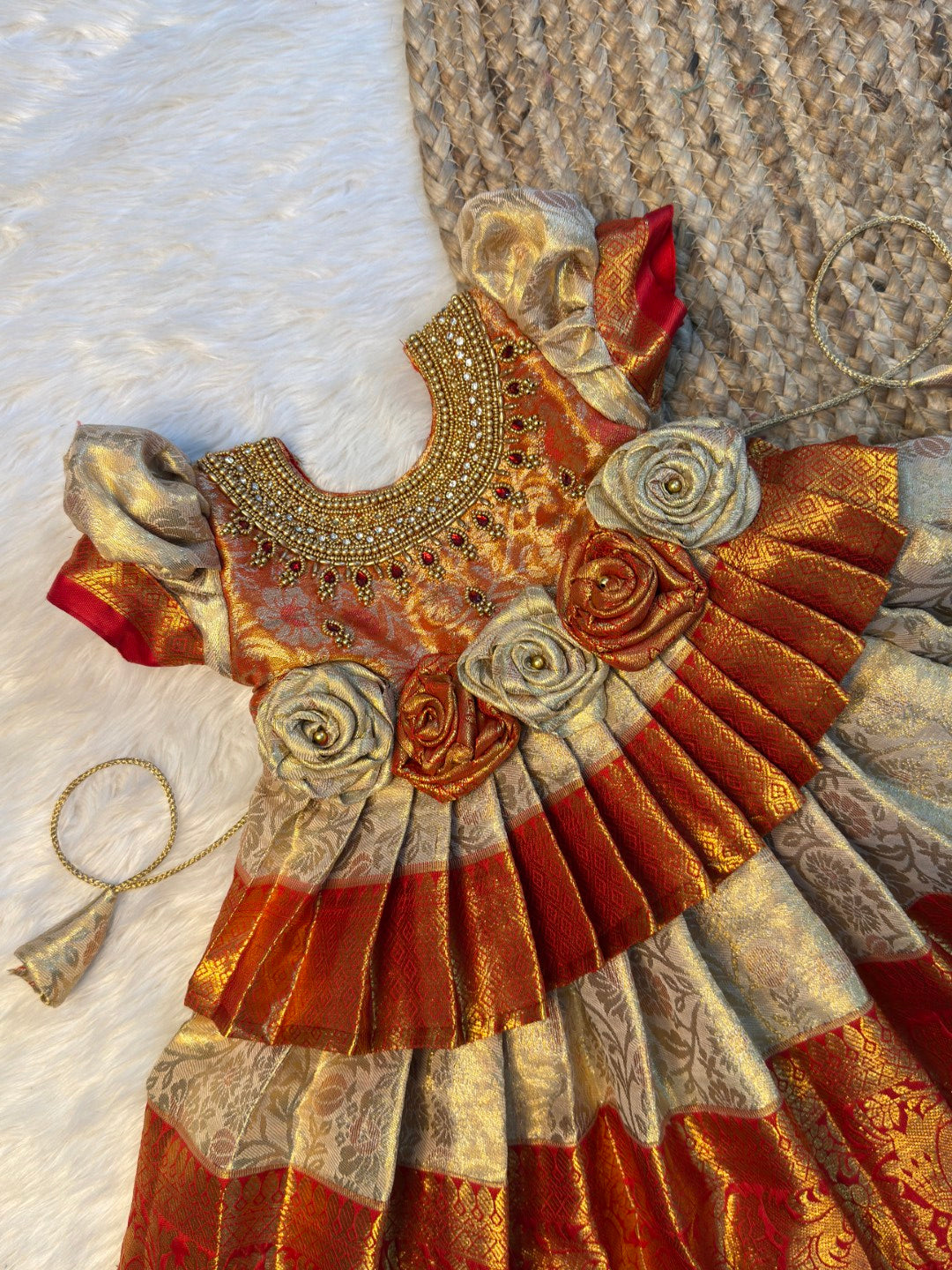 Pavazhamalli | Off White & Red Kanchi Tissue Silk Grand Neck Aari Work Gown | CPM_0589