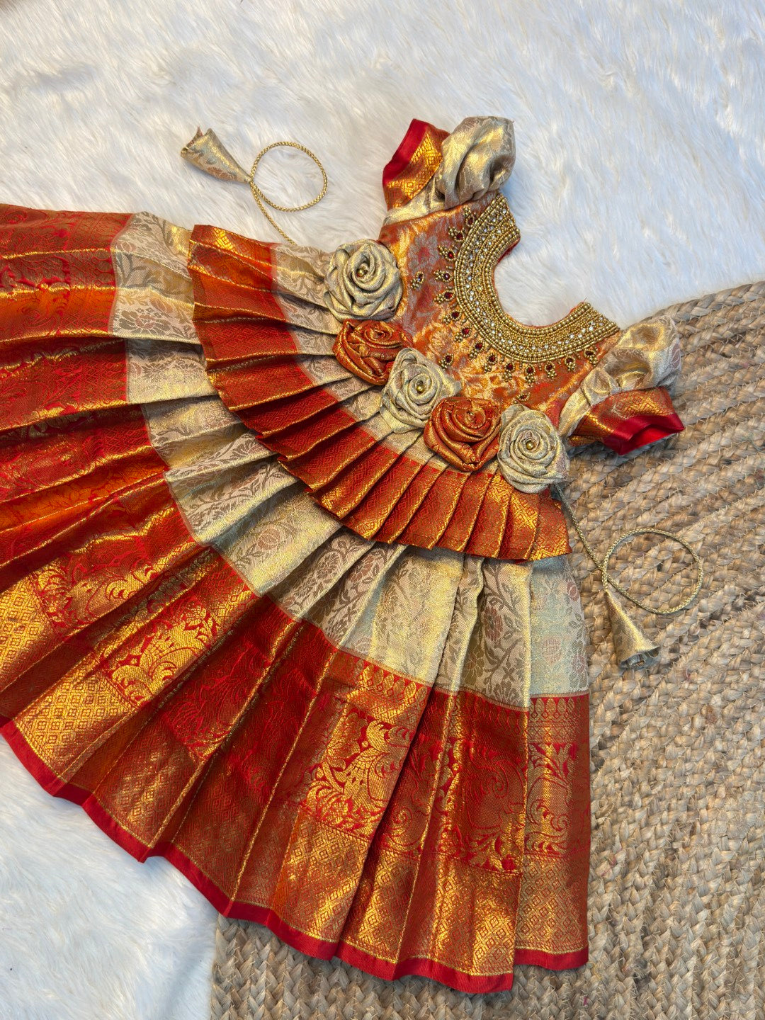 Pavazhamalli | Off White & Red Kanchi Tissue Silk Grand Neck Aari Work Gown | CPM_0589