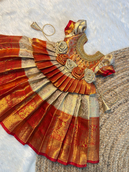 Pavazhamalli | Off White & Red Kanchi Tissue Silk Grand Neck Aari Work Gown | CPM_0589