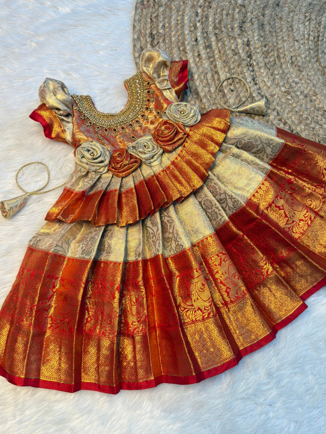 Pavazhamalli | Off White & Red Kanchi Tissue Silk Grand Neck Aari Work Gown | CPM_0589