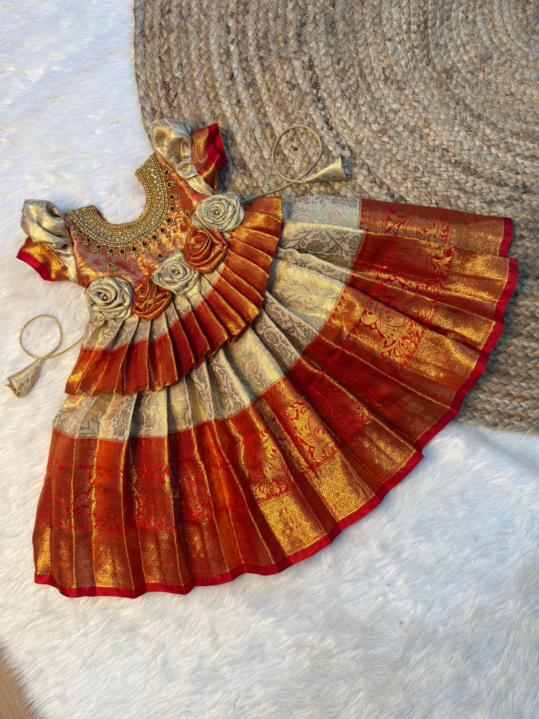 Pavazhamalli | Off White & Red Kanchi Tissue Silk Grand Neck Aari Work Gown | CPM_0589