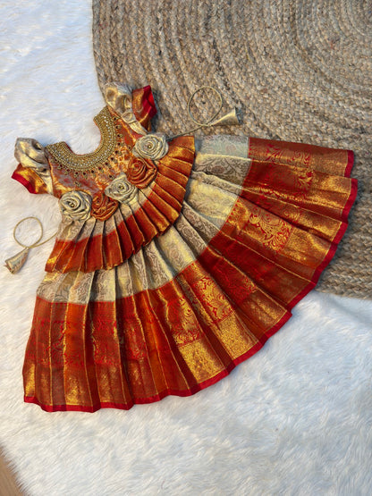 Pavazhamalli | Off White & Red Kanchi Tissue Silk Grand Neck Aari Work Gown | CPM_0589