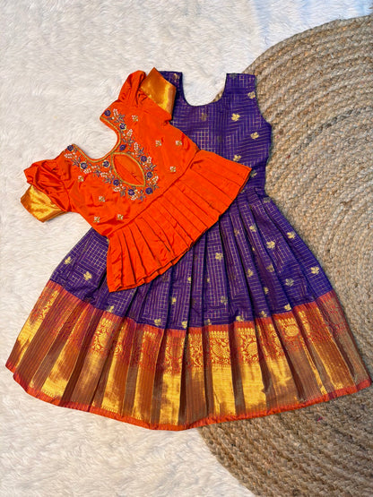 Dark Orange & Violet Checked Semi Katan Silk Aari Pattu Pavadai | CPM_0590