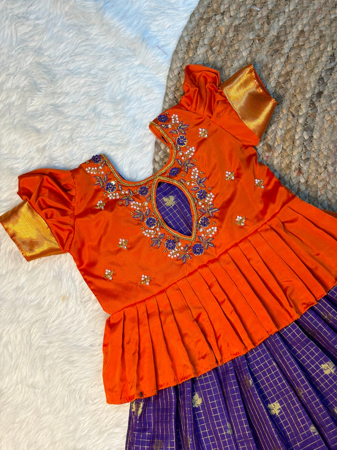 Dark Orange & Violet Checked Semi Katan Silk Aari Pattu Pavadai | CPM_0590