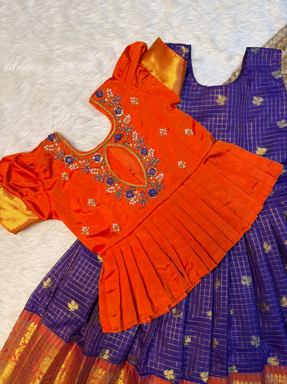 Dark Orange & Violet Checked Semi Katan Silk Aari Pattu Pavadai | CPM_0590