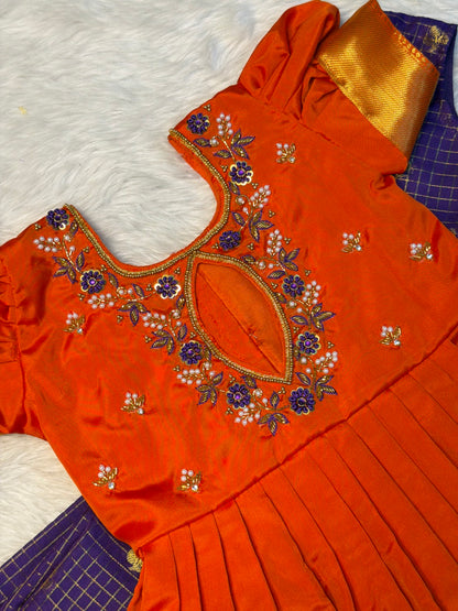 Dark Orange & Violet Checked Semi Katan Silk Aari Pattu Pavadai | CPM_0590