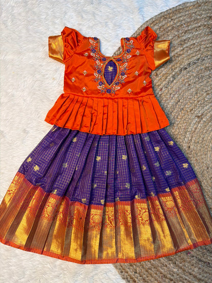 Dark Orange & Violet Checked Semi Katan Silk Aari Pattu Pavadai | CPM_0590