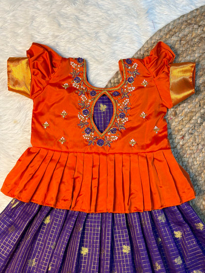 Dark Orange & Violet Checked Semi Katan Silk Aari Pattu Pavadai | CPM_0590