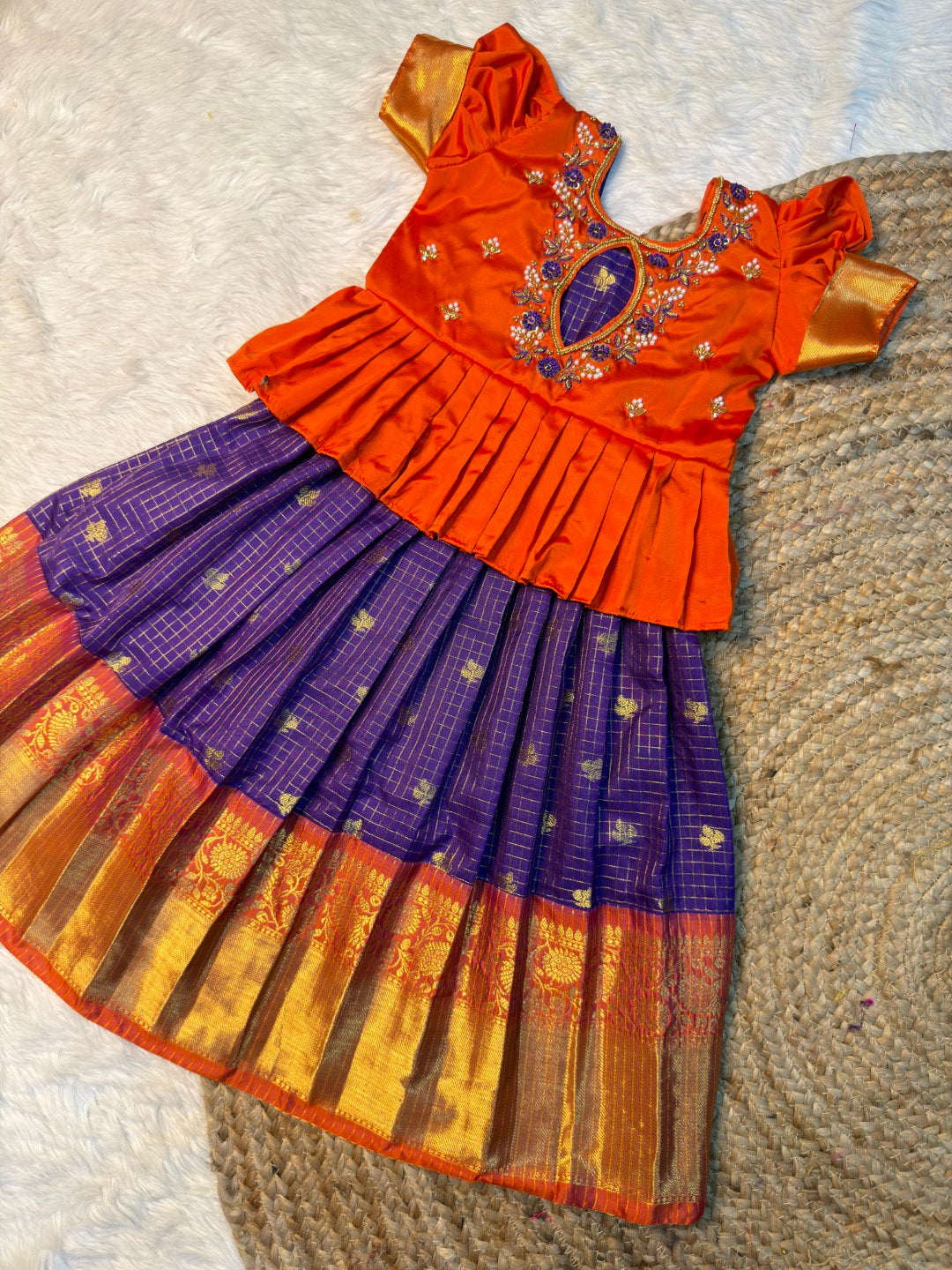 Dark Orange & Violet Checked Semi Katan Silk Aari Pattu Pavadai | CPM_0590