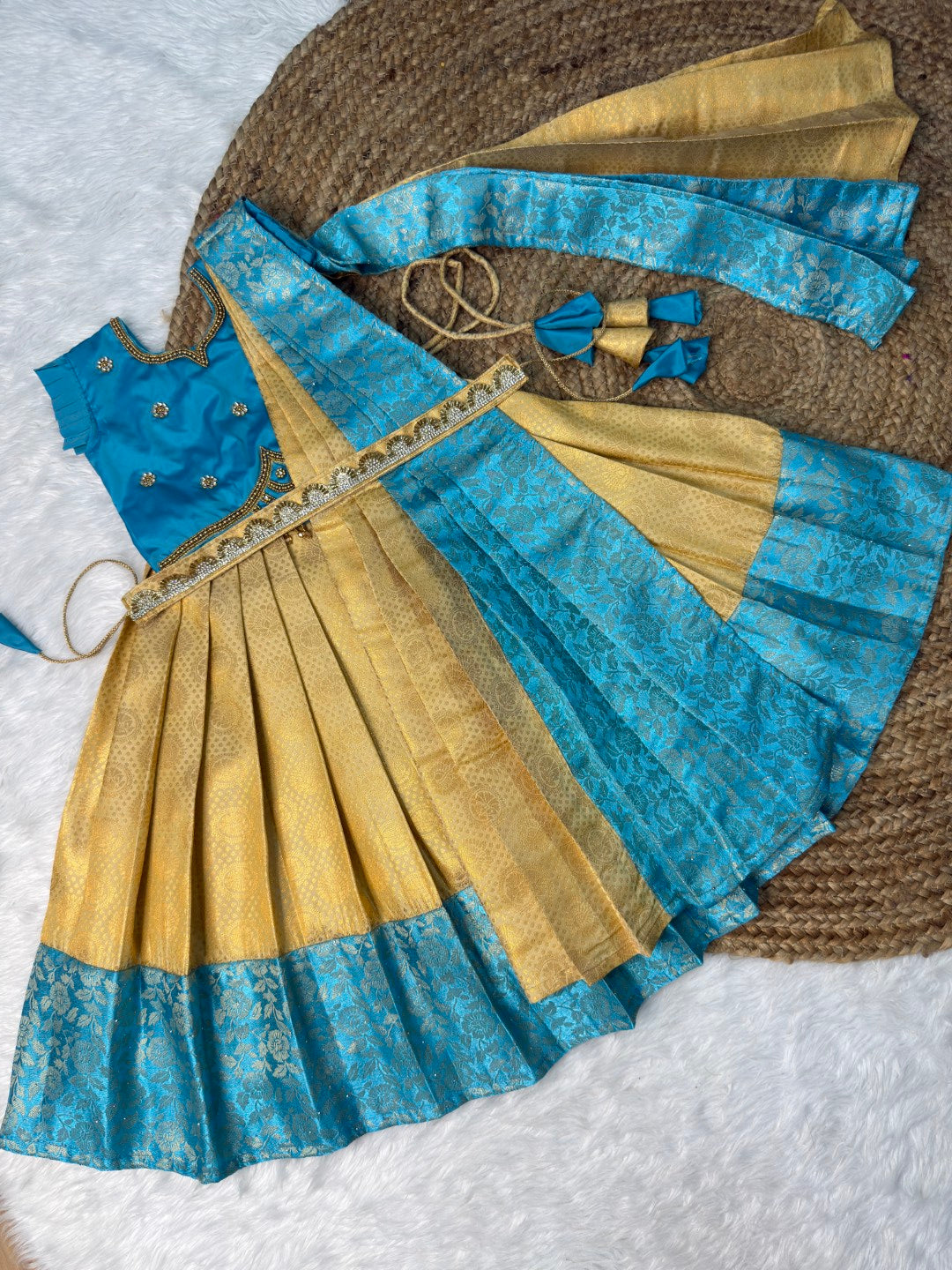 Tharagai | Sandal & Blue Kanchi Soft Silk Aari Work Half Saree | CPM_0591