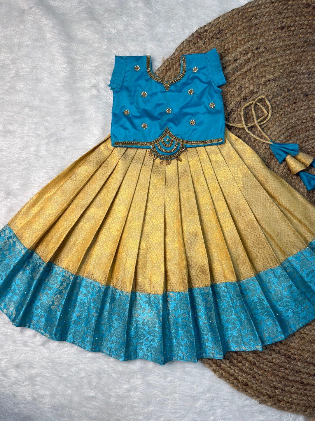 Tharagai | Sandal & Blue Kanchi Soft Silk Aari Work Half Saree | CPM_0591
