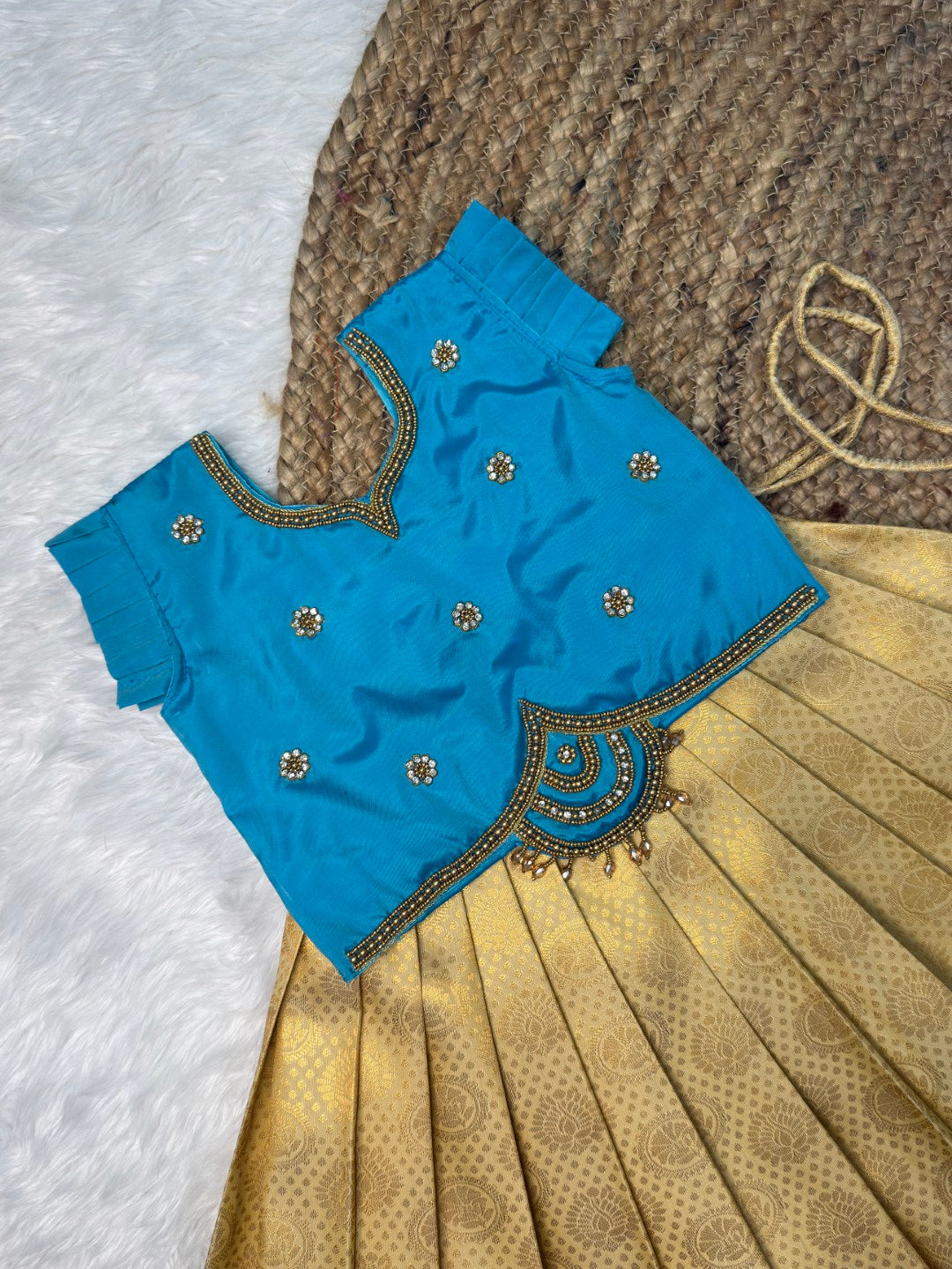 Tharagai | Sandal & Blue Kanchi Soft Silk Aari Work Half Saree | CPM_0591