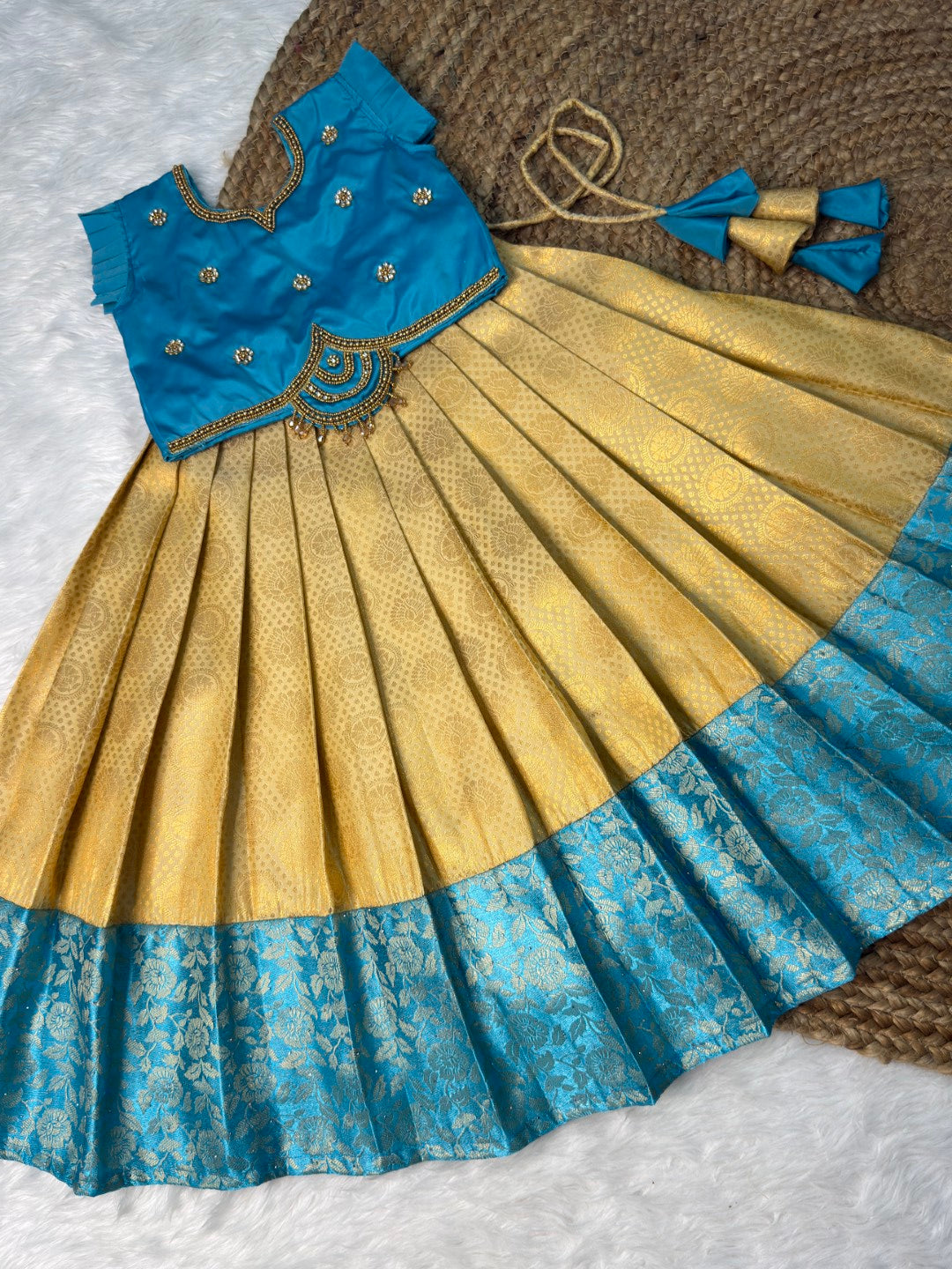 Tharagai | Sandal & Blue Kanchi Soft Silk Aari Work Half Saree | CPM_0591