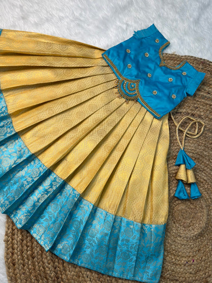 Tharagai | Sandal & Blue Kanchi Soft Silk Aari Work Half Saree | CPM_0591