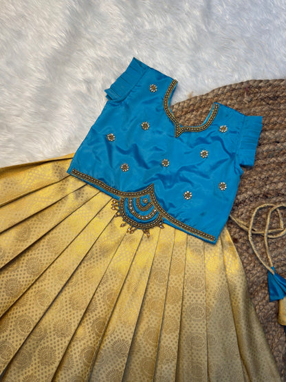 Tharagai | Sandal & Blue Kanchi Soft Silk Aari Work Half Saree | CPM_0591