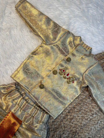 Cream & Red Kanchi Tissue Silk Namam Sangu Chakra Motif Aari Work Kurta Dhoti Set | CPM_0592