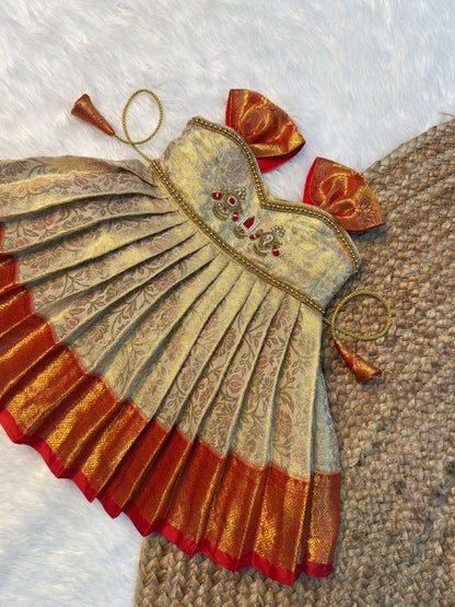 Cream & Red Kanchi Tissue Silk Namam Sangu Chakra Motif Aari Work Frock | CPM_0593