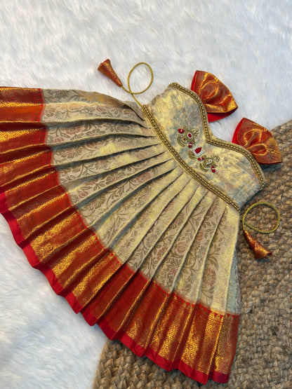Cream & Red Kanchi Tissue Silk Namam Sangu Chakra Motif Aari Work Frock | CPM_0593