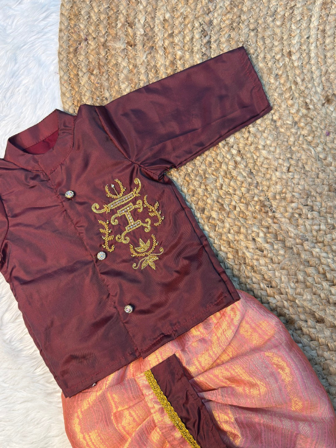 Customizable Alphabet Semi Kanchi Silk Aari Work Kurta Dhoti Set | CPM_0594